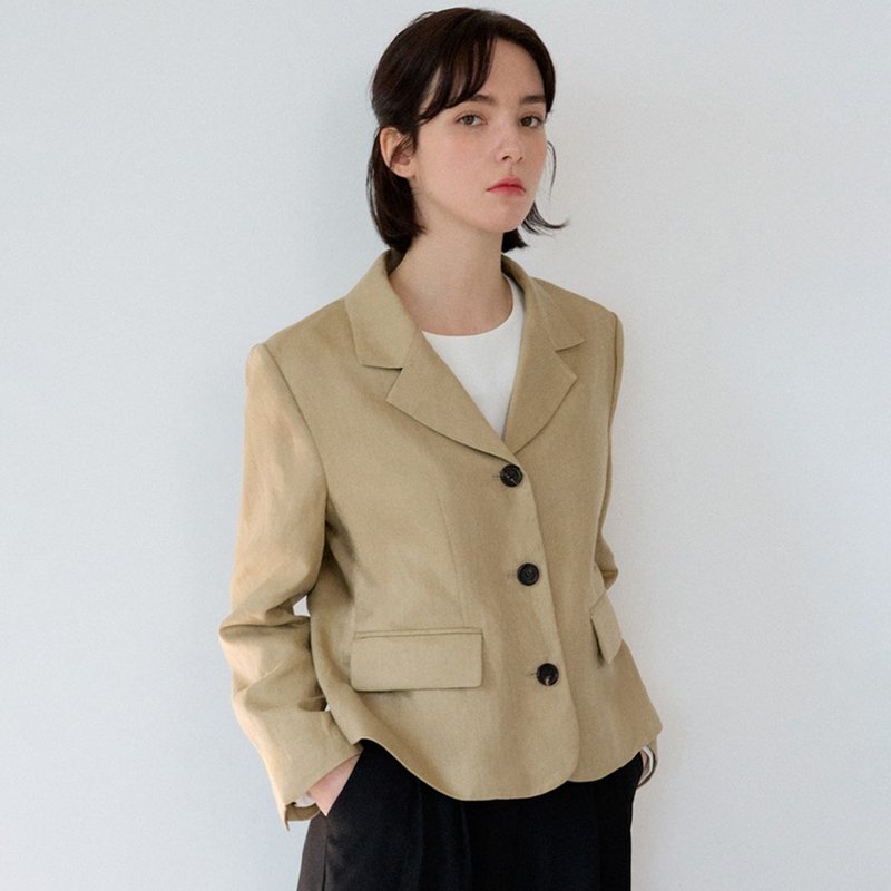 Korea sisterhood, Basic Linen Jacket Short - Khaki - 女大衣/外套 - 棉．麻 卡其色
