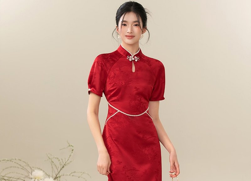 【赩熾】新中式復古中國風 結婚訂婚/收腰顯瘦洋裝 - 洋裝/連身裙 - 其他材質 紅色