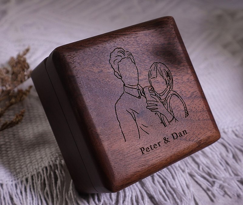 [Hand-painted-Ray Engraved Ring Box] Proposal/Wedding Ring Box/Diamond Ring Box Ring Storage Box Wedding Gift - General Rings - Wood Brown