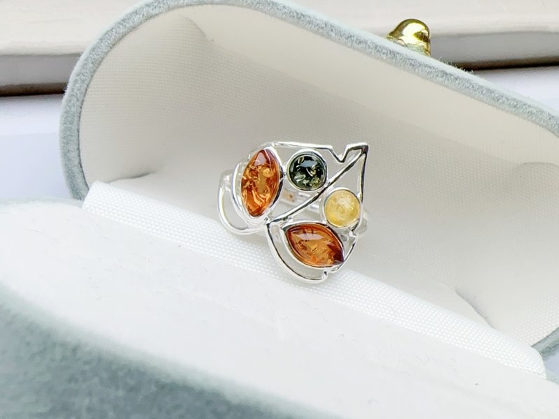 Baltic amber sterling silver ring, green amber, golden amber, caramel amber, leaves with hollow design and personality - General Rings - Sterling Silver 