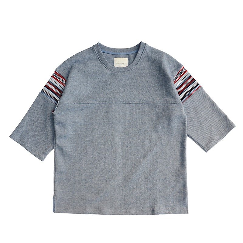 Knitted Jacquard Waist-Length T-shirt - เสื้อยืดผู้ชาย - ผ้าฝ้าย/ผ้าลินิน สีน้ำเงิน