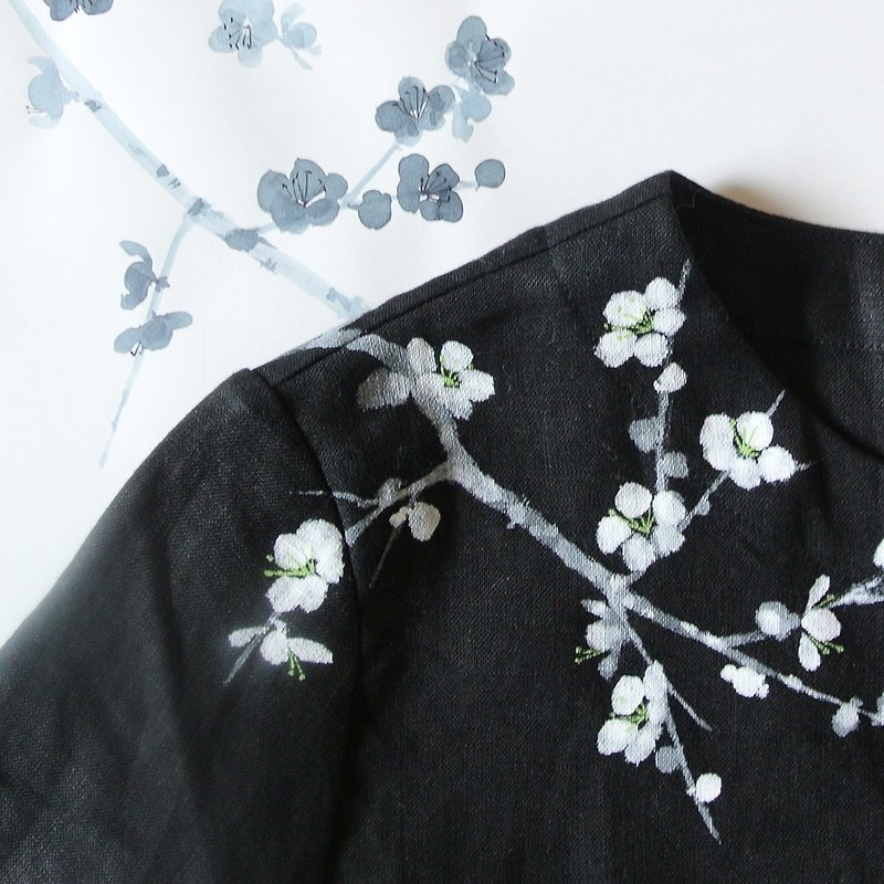 Linen short-sleeved one-piece dress white plum - ชุดเดรส - ผ้าฝ้าย/ผ้าลินิน สีดำ