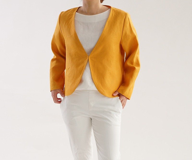 Linen / linen cardigan / linen bolero / long sleeve / outerwear / yellow b1-5 - เสื้อแจ็คเก็ต - ผ้าฝ้าย/ผ้าลินิน สีเหลือง
