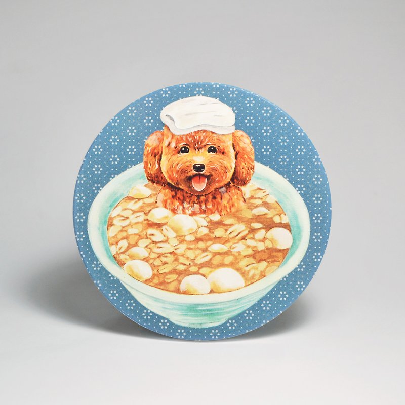 Absorbent ceramic coaster-Poodle soaked in peanut glutinous rice balls (free sticker) (customized text can be purchased) - Coasters - Pottery Blue