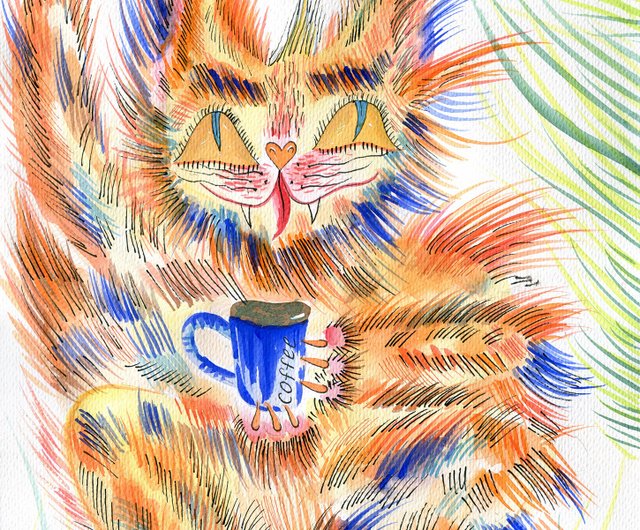 猫の絵。オリジナルの絵。オリジナルの水彩画。赤い猫。コーヒーアート - ショップ Onik Art ポスター・絵 - Pinkoi