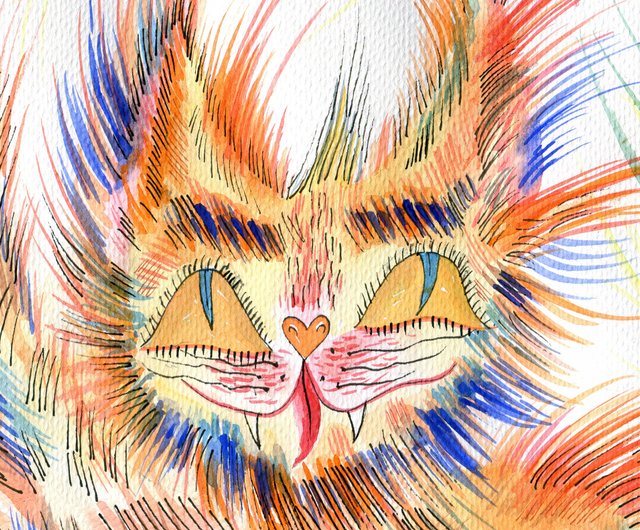 猫の絵。オリジナルの絵。オリジナルの水彩画。赤い猫。コーヒー