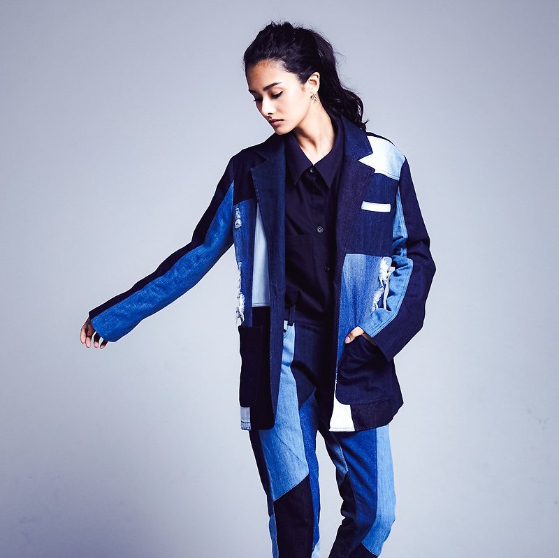 Story Wear x Chi Po-lin Foundation Blazer - เสื้อเชิ้ตผู้ชาย - ผ้าฝ้าย/ผ้าลินิน สีน้ำเงิน
