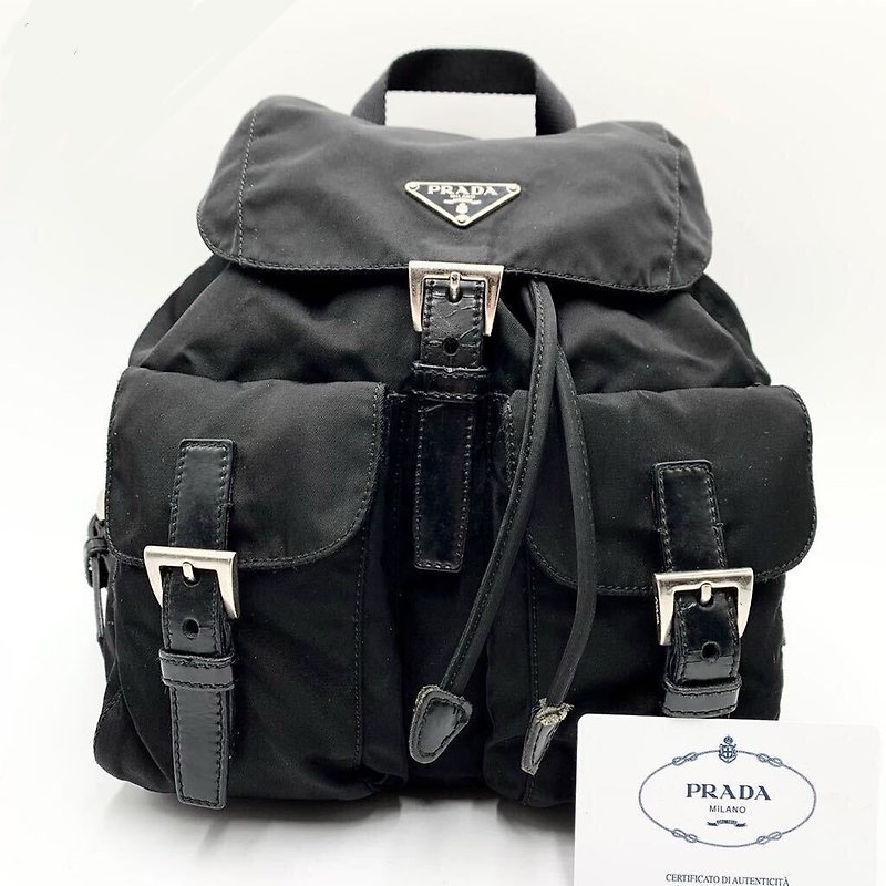 [LA LUNE] Second-hand Prada black triangle nylon side shoulder bag small handbag - กระเป๋าเป้สะพายหลัง - วัสดุกันนำ้ สีดำ