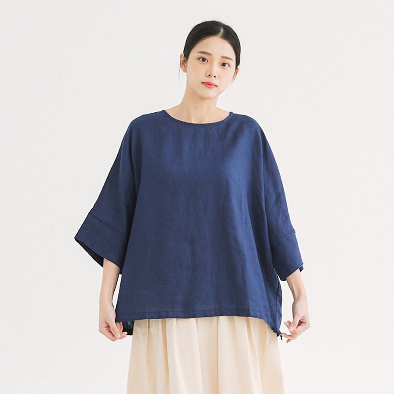 【Simply Yours】Line Drawstring Top Blue F - Women's Tops - Cotton & Hemp Blue