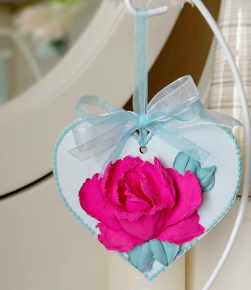 Hanging heart with fuchsia rose Mother gift Birthday gift Wedding floral decor - 其他 - 木頭 紅色