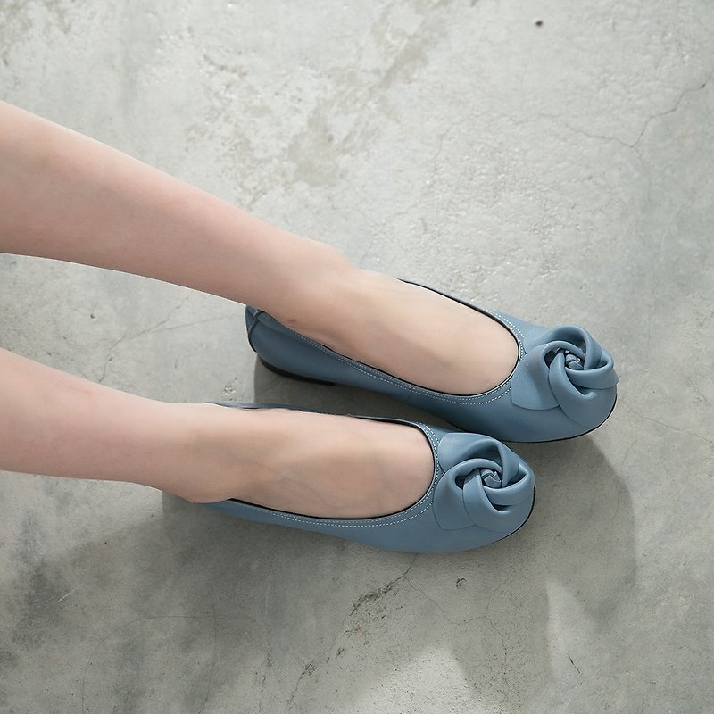 Maffeo 娃娃鞋 芭蕾舞鞋 日式玫瑰真皮束口娃娃鞋(1234藍) - 芭蕾舞鞋/平底鞋 - 真皮 藍色