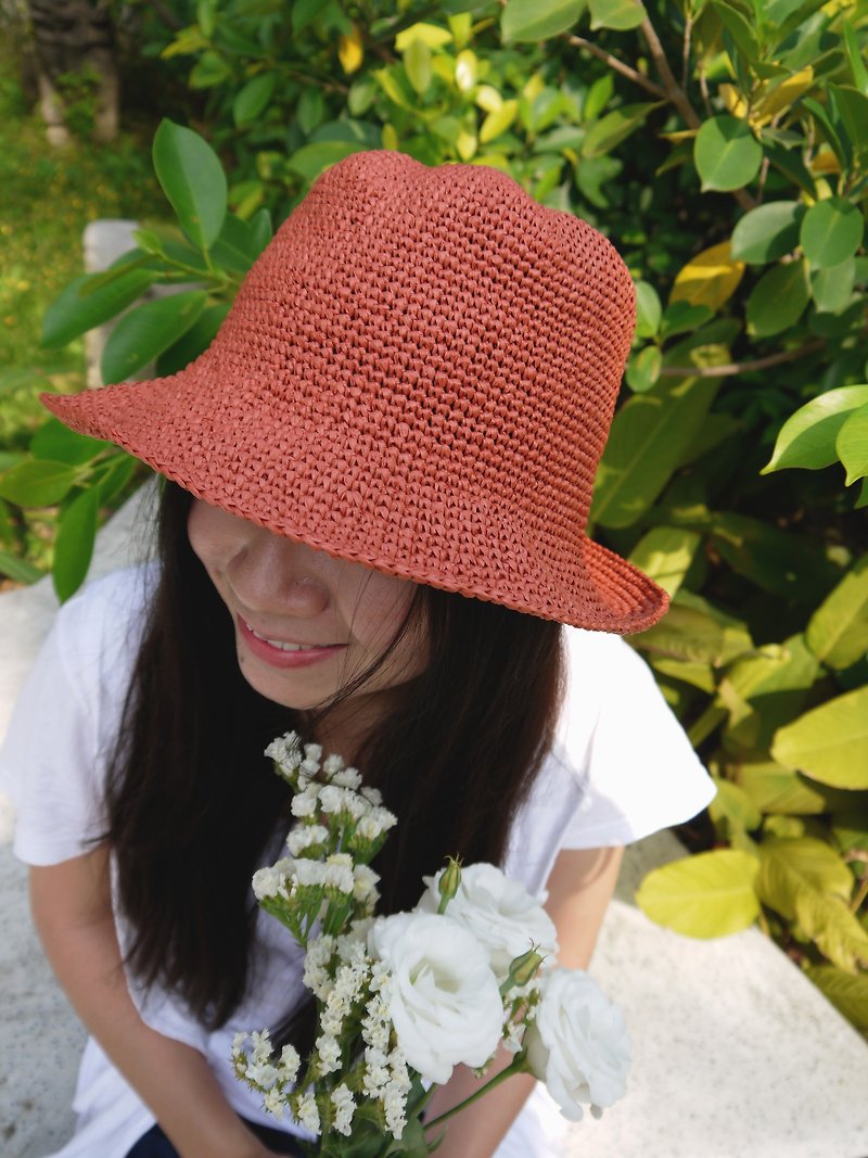 A mother's hand-made hat-summer raffia straw hat-retro square fisherman hat / retro orange / mother's day / picnic / outing - หมวก - กระดาษ สีส้ม
