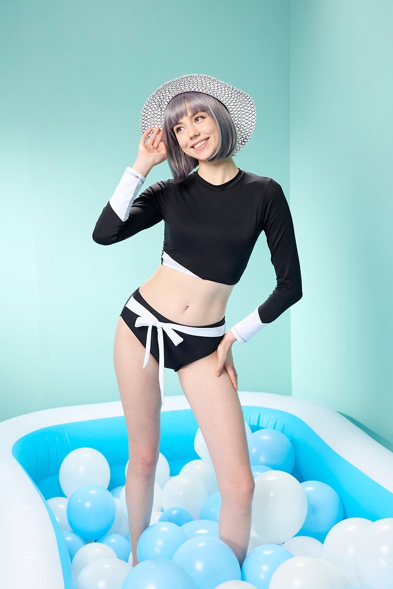 【SARLEE】有袖兩截褲泳衣(附襯墊及泳帽) - 泳衣/比基尼 - 尼龍 黑色