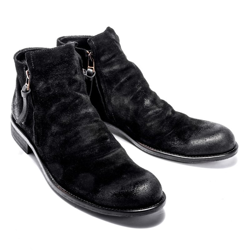 ARGIS Yuppie Double Zipper Style Leather Boots #12112 Suede Black-Handmade in Japan - Men's Leather Shoes - Genuine Leather Black