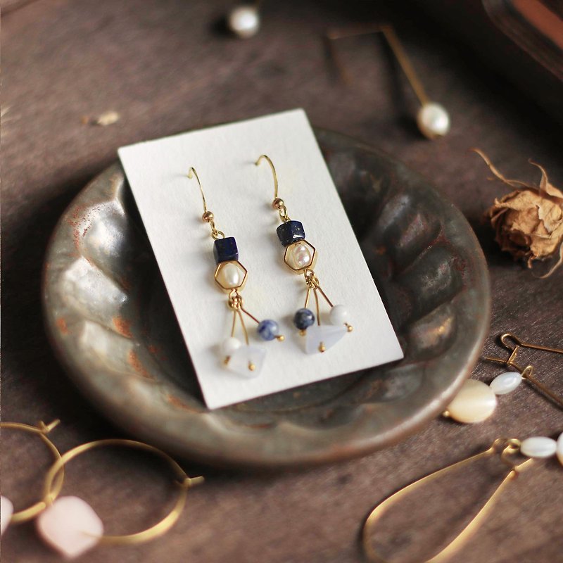 Natural Stone Small Geometric Brass Earrings - Whale Fountain - Earrings & Clip-ons - Jade Blue