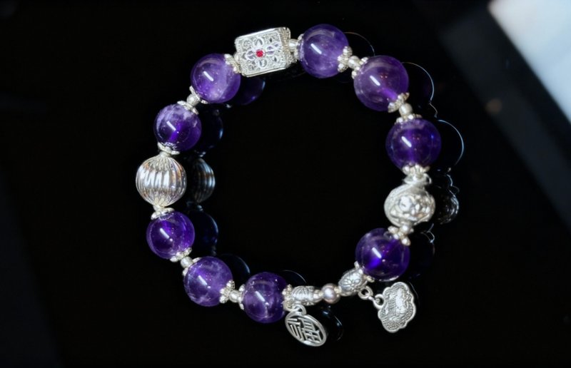 Crystal.EAA 設計款水晶手鏈 紫蘊福鎖安康 紫兔毛 藏銀 長命鎖 - 手鍊/手環 - 水晶 紫色