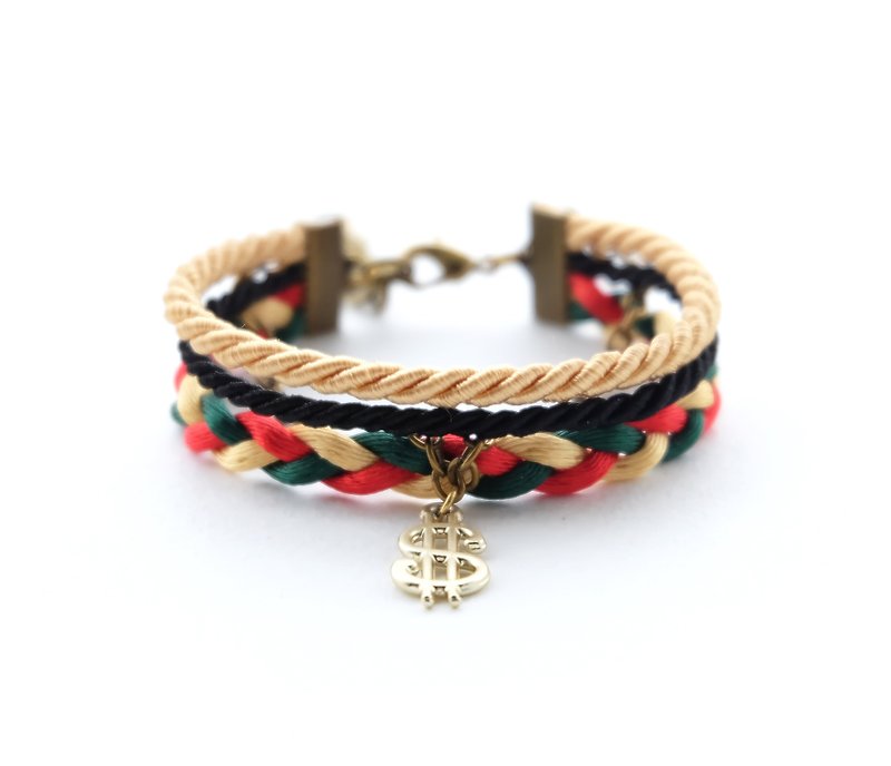 Dollar layered rope bracelet in Gold / black / dark green / red - สร้อยข้อมือ - วัสดุอื่นๆ สีเขียว