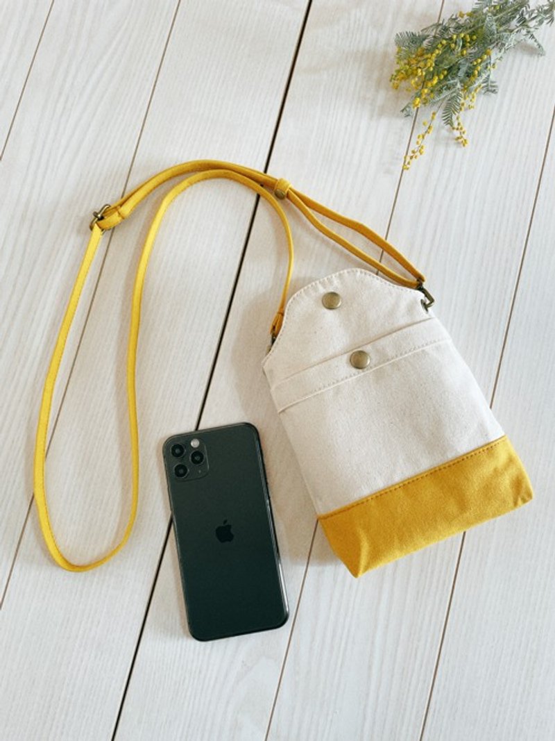 倉敷帆布　ミモザイエロー　バイカラー　スマホポシェット　スマホショルダー　スマホポーチ　　キナリ×イエロー - 側背包/斜背包 - 棉．麻 