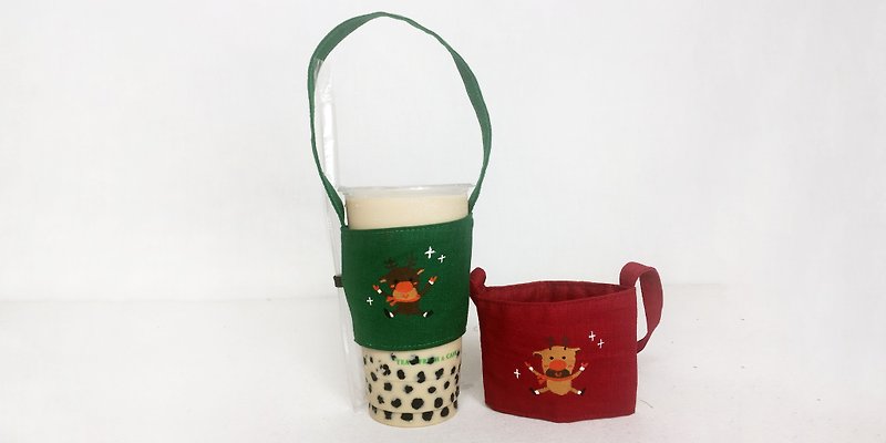 免運 聖誕環保杯套-麋鹿 (可繪中英文名字請備註) - 杯袋/飲料提袋 - 棉．麻 紅色