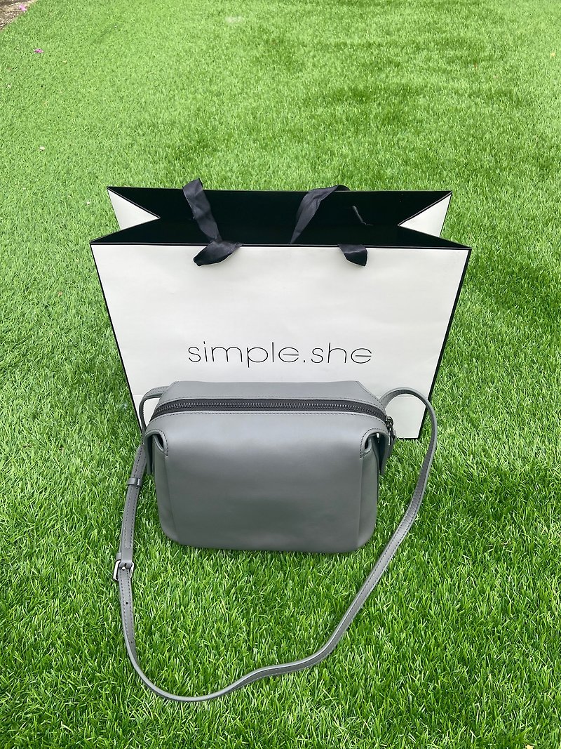 simple.she Genuine Leather Shoulder Bag Simple Style Casual Bag Beige Gray - Messenger Bags & Sling Bags - Genuine Leather Multicolor