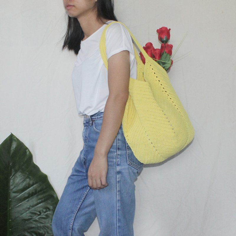 Yellow Tote Bag ,Market Bag ,Yellow Crochet Bag ,Shopping Bag - กระเป๋าถือ - ผ้าฝ้าย/ผ้าลินิน สีเหลือง
