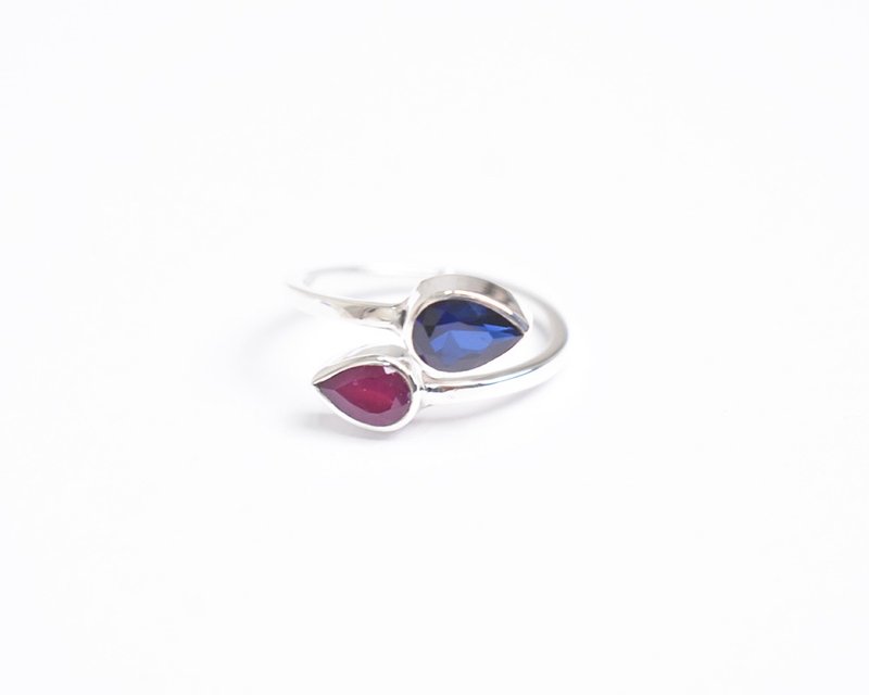 Ruby & Sapphire Double Stone Ring silver925 gemstone - 戒指 - 寶石 藍色