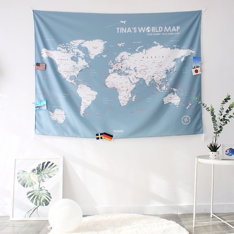 Personalized World Map, Pin Map Travel Map-Bluish Gray-Wall Decor (Fabric) - โปสเตอร์ - เส้นใยสังเคราะห์ สีเทา