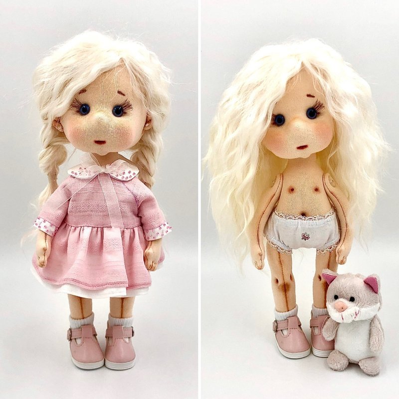 Cloth doll with cat, Soft fabric puppe, Rag doll, Christmas Gift Wrapping - ของเล่นเด็ก - วัสดุอื่นๆ สึชมพู