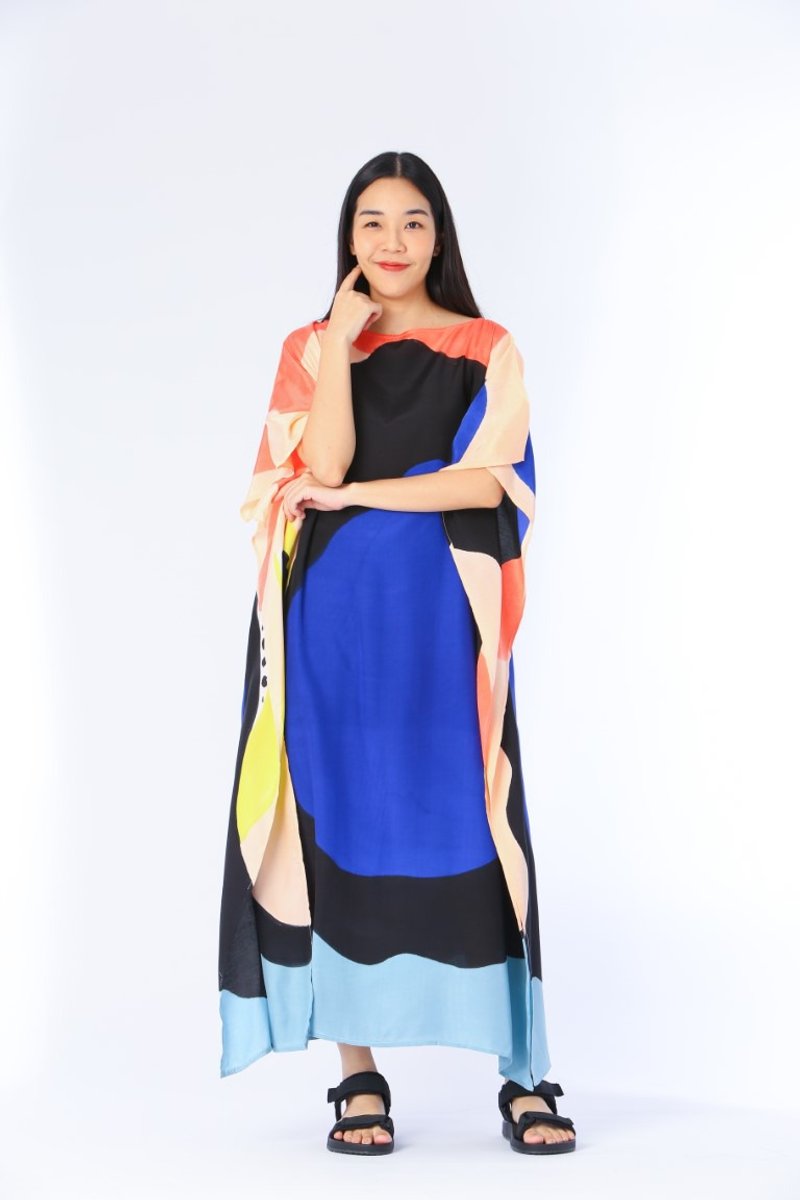 Hand Painted Cotton-rayon Kaftan for Summer Resort Vacation- Free Size - 洋裝/連身裙 - 絲．絹 藍色