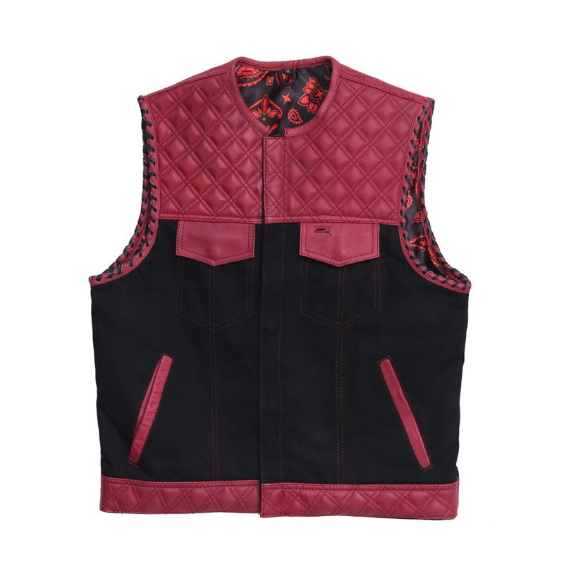 Hunt Club Style Biker Leather Vest - เสื้อกั๊กผู้ชาย - หนังแท้ สีแดง