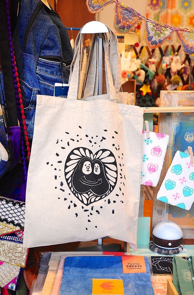 Purin Original Pattern Design / flax canvas bag (little swirling) - Handbags & Totes - Cotton & Hemp Black