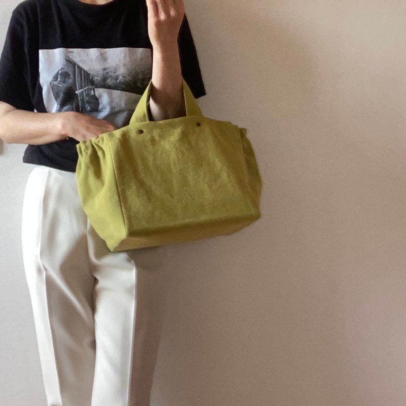 Gathered Tote Bag　Basic　canvas　Yellow-green  Wide gusset - Handbags & Totes - Cotton & Hemp Green