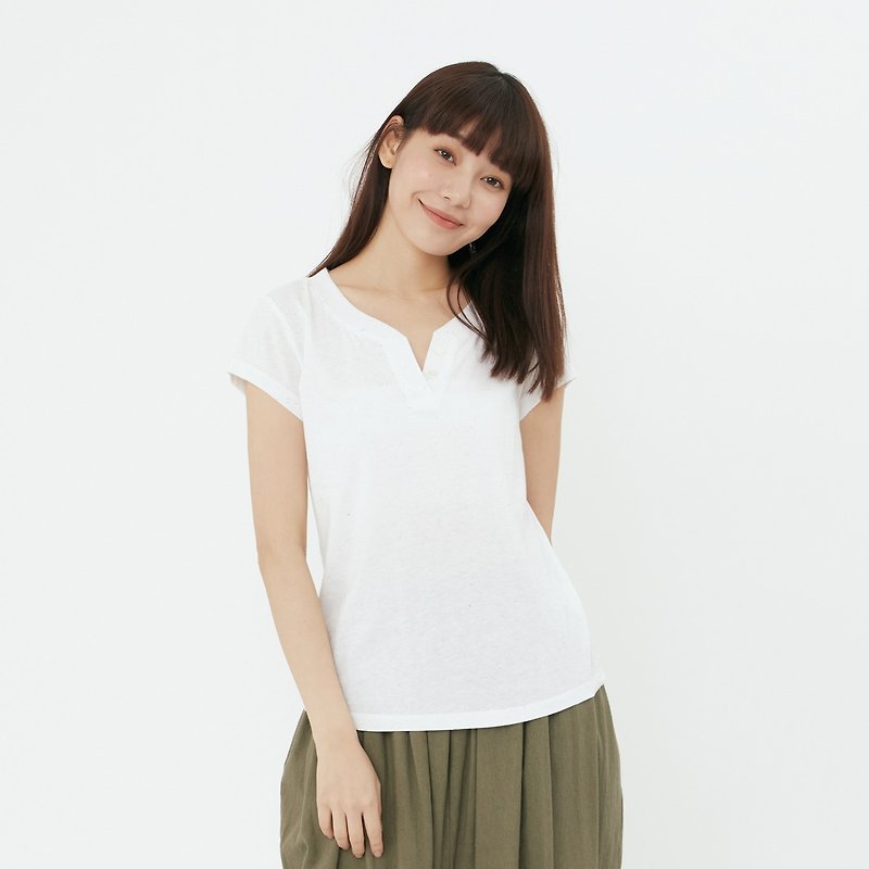 Nap Dots Cotton Fabric Henley T-shirt Top White - เสื้อยืดผู้หญิง - ผ้าฝ้าย/ผ้าลินิน ขาว