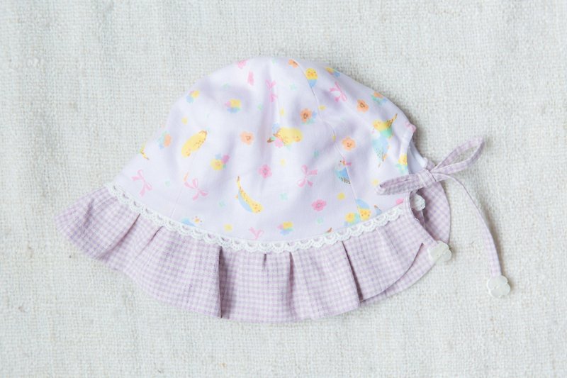 (春季特惠)手工荷葉邊嬰兒帽- 紫色小鸚鵡 - 嬰兒帽子/髮帶 - 棉．麻 粉紅色