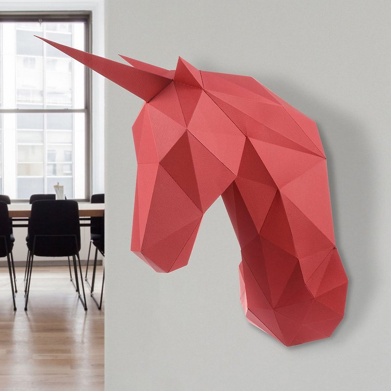 RED UNICORN papercraft kit | Wall Hanging | 3d puzzle | No scissors needed - 拼圖 - 紙 紅色