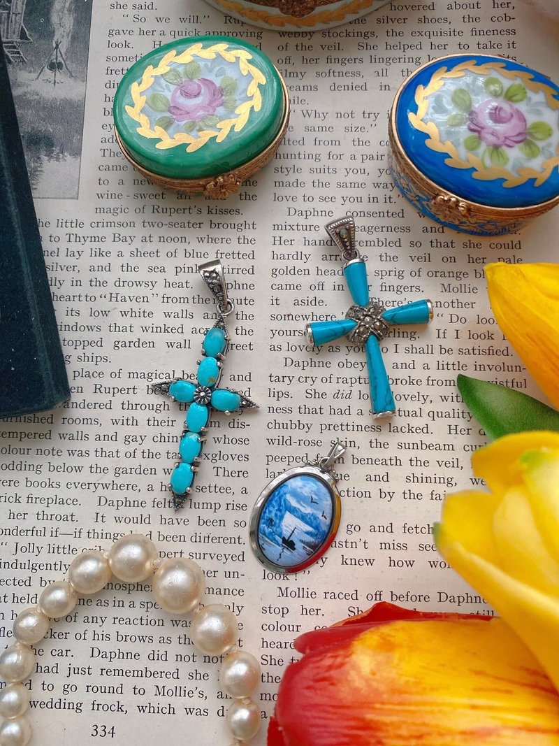 純銀十字架天然土耳其石綠松石鏈墜 項鍊吊墜古董項鍊十二月誕石 - 項鍊 - 半寶石 藍色