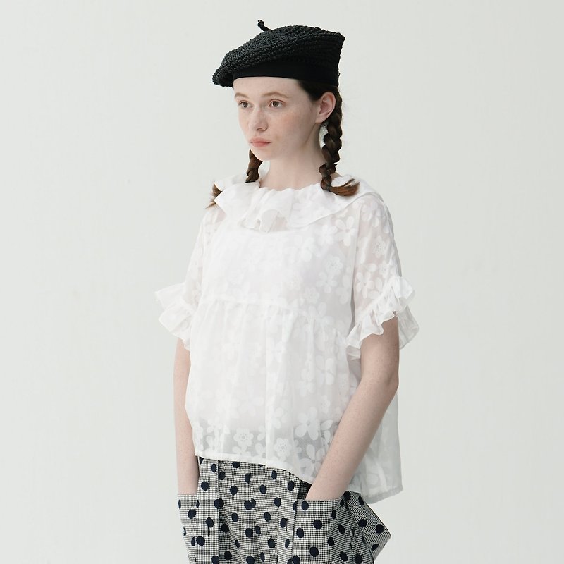 Transparent flower lotus leaf collar top / clown collar lace sleeves - Women's Tops - Cotton & Hemp Transparent