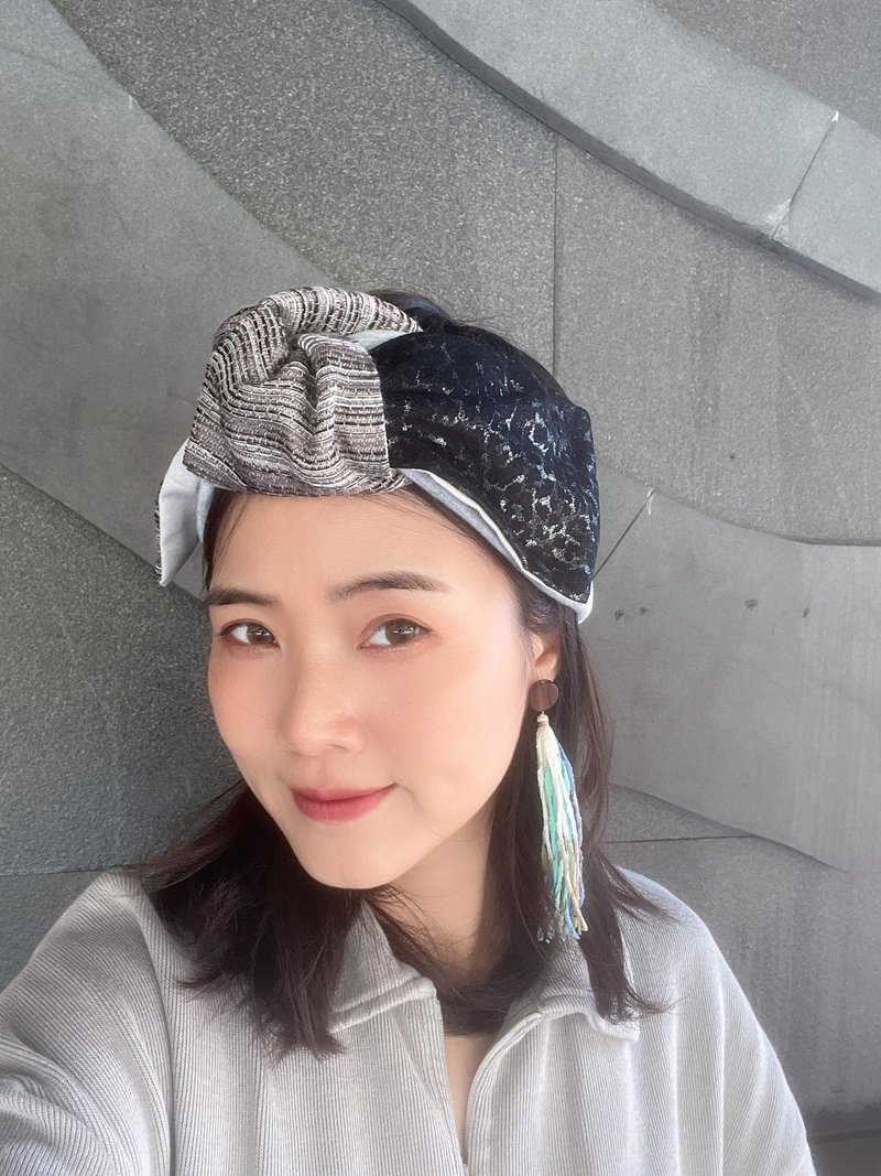 銀黑豹紋 鬆緊寬髮帶 - 髮箍/髮帶 - 棉．麻 黑色