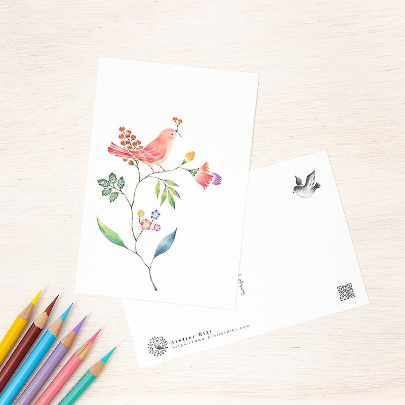 5枚セット。絵本のような。ポストカード "桃色の小鳥と草花" PC-111 - カード・はがき - 紙 ピンク