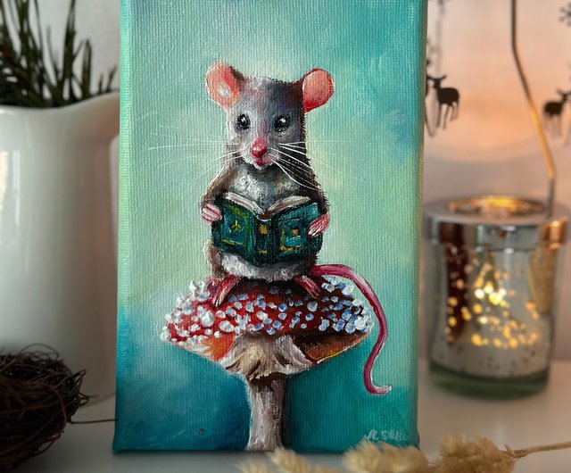 オリジナルキャンバス絵画「妖精のネズミ」、かわいい動物、森の保育室