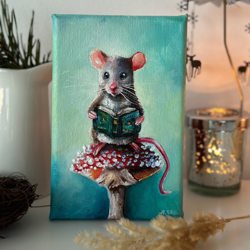 Original canvas painting Fairy Mouse, Cute animals, Woodland nursery room decor - 壁貼/牆壁裝飾 - 棉．麻 多色