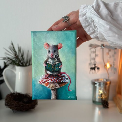 オリジナルキャンバス絵画「妖精のネズミ」、かわいい動物、森の保育室
