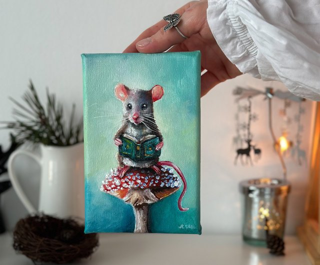 オリジナルキャンバス絵画「妖精のネズミ」、かわいい動物、森の保育室