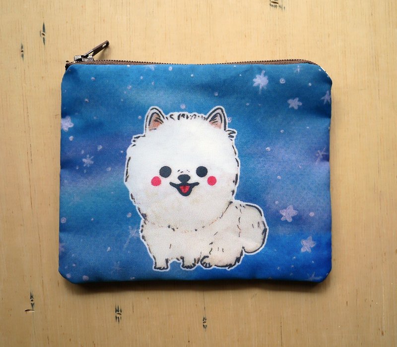 Customizable handwritten name, hand-painted rendering, watercolor style pattern, white Pomeranian fox dog Spitz key case, coin purse, card case - Coin Purses - Other Materials White