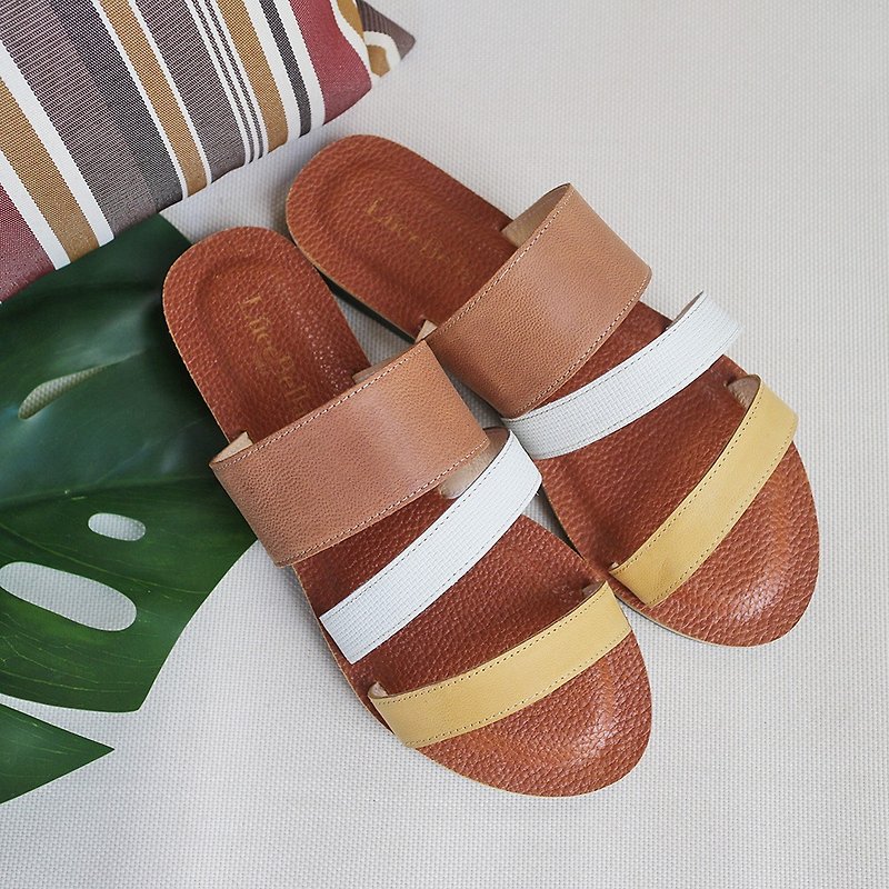【Ice cream】Three-color sheepskin sandals - Yellow - รองเท้ารัดส้น - หนังแท้ สีส้ม