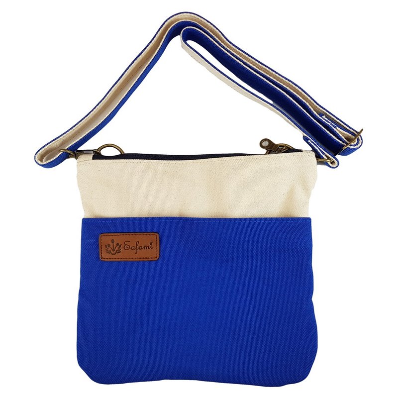 Eafami cotton canvas multi-pocket flat bag-Frigga blue and white - กระเป๋าแมสเซนเจอร์ - ผ้าฝ้าย/ผ้าลินิน สีน้ำเงิน