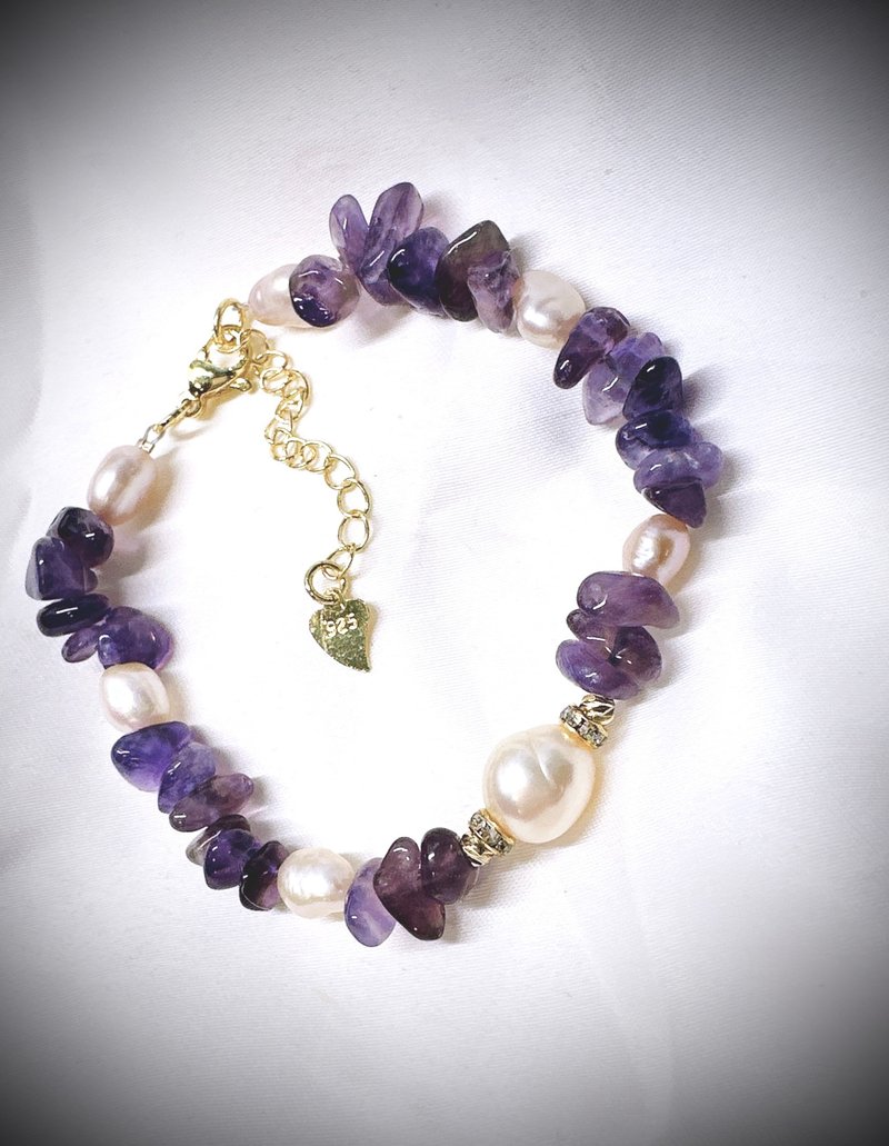 C&W Japan imported natural freshwater baroque pink pearl natural oil amethyst 18k gold bracelet - สร้อยข้อมือ - ไข่มุก สีทอง