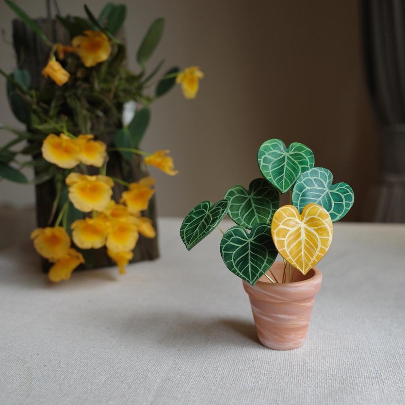 Round Leaf Anthurium Leather Mini Potted Plant - ตกแต่งต้นไม้ - หนังแท้ สีเขียว