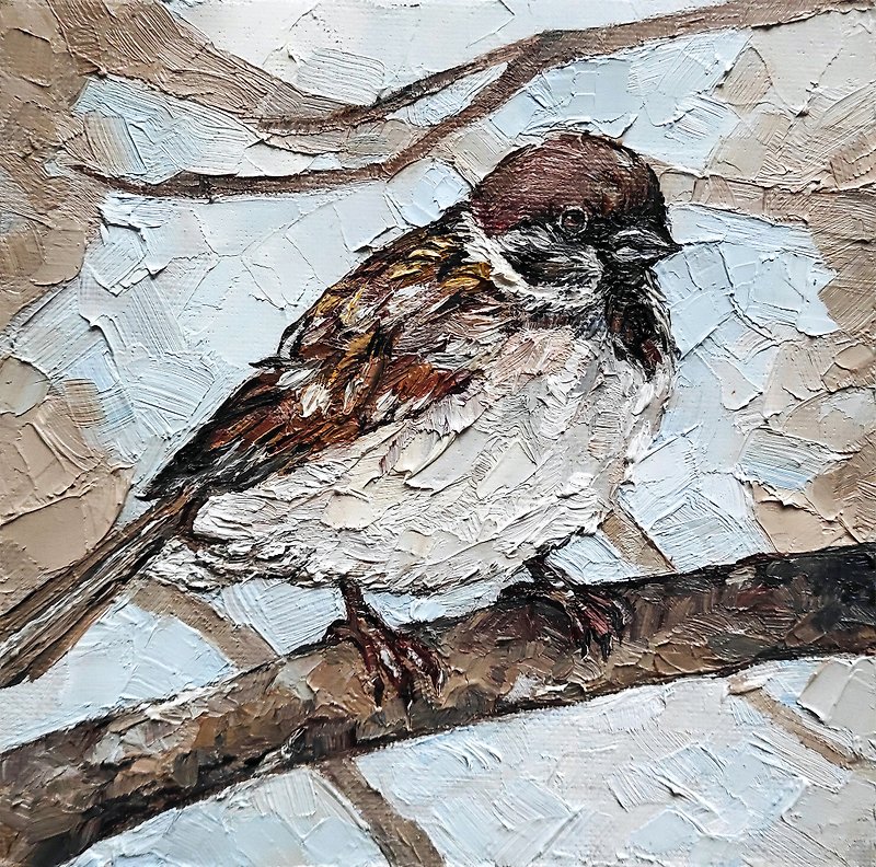 Sparrow Painting Bird Original Art Animal Artwork Oil Painting Bird Wall Art - โปสเตอร์ - วัสดุอื่นๆ สีนำ้ตาล