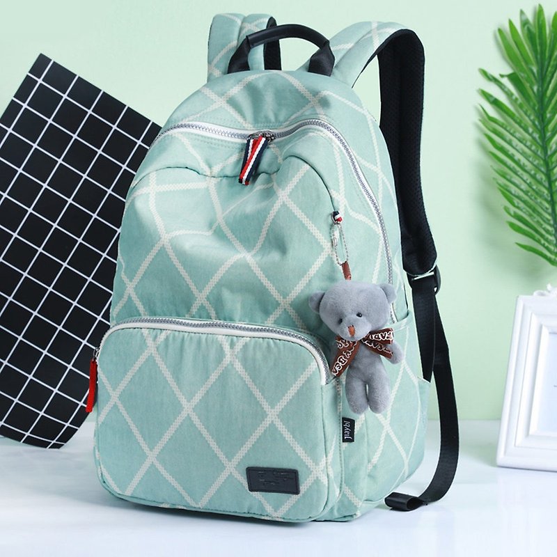 Backpack computer bag travel bag shoulder bag plaid water-proof green embroidered word lettering - Backpacks - Other Materials Green